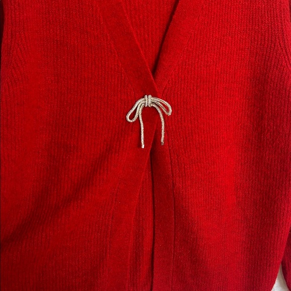 Red Women's Cardigan Sweater with Sparkly Bow - Picture 6 of 10